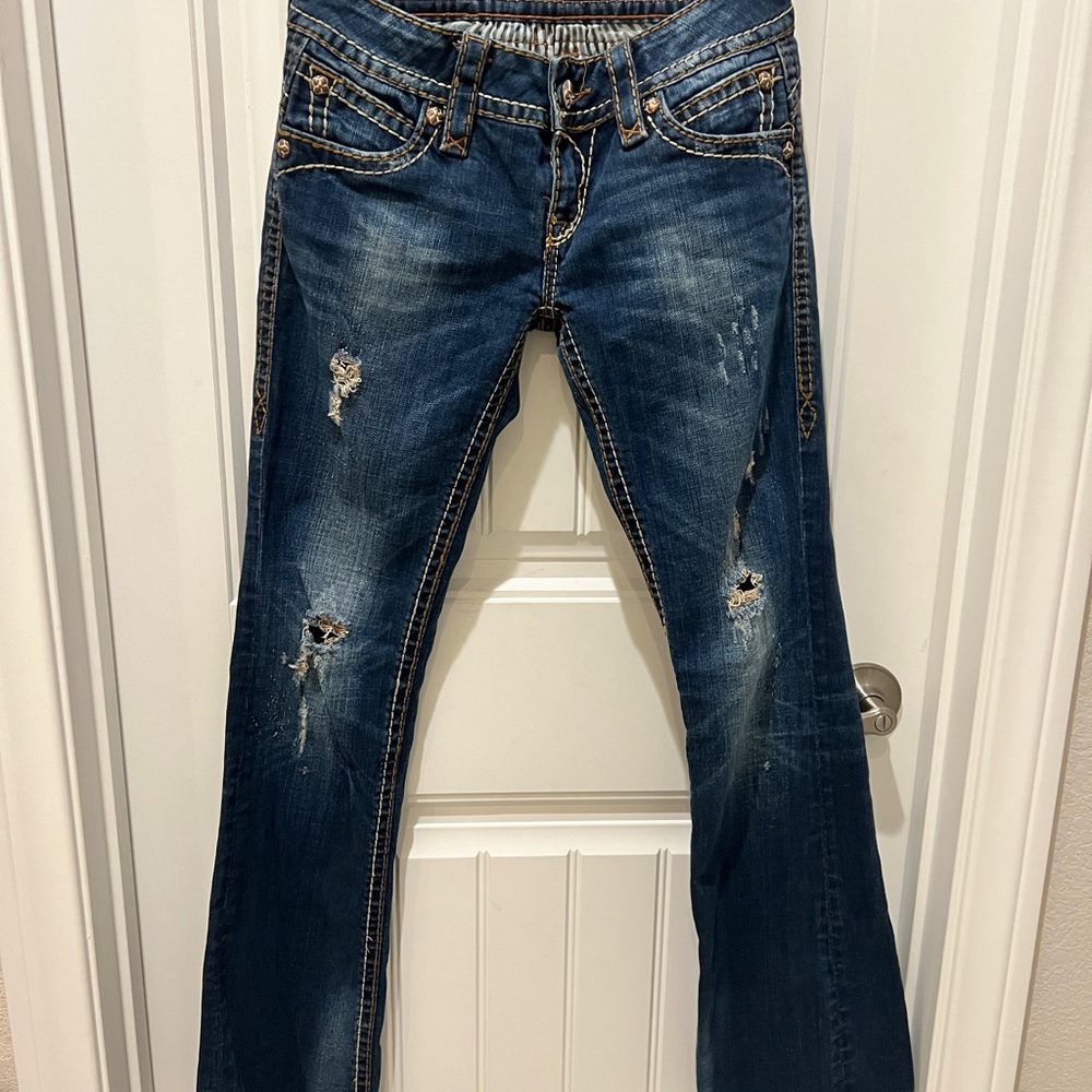 Rock Revival Women’s Distressed Bootcut Jeans - Dark Blue